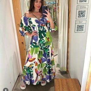 FARM Rio Tropical Parrot Print Maxi Dress in Green, Purple, White